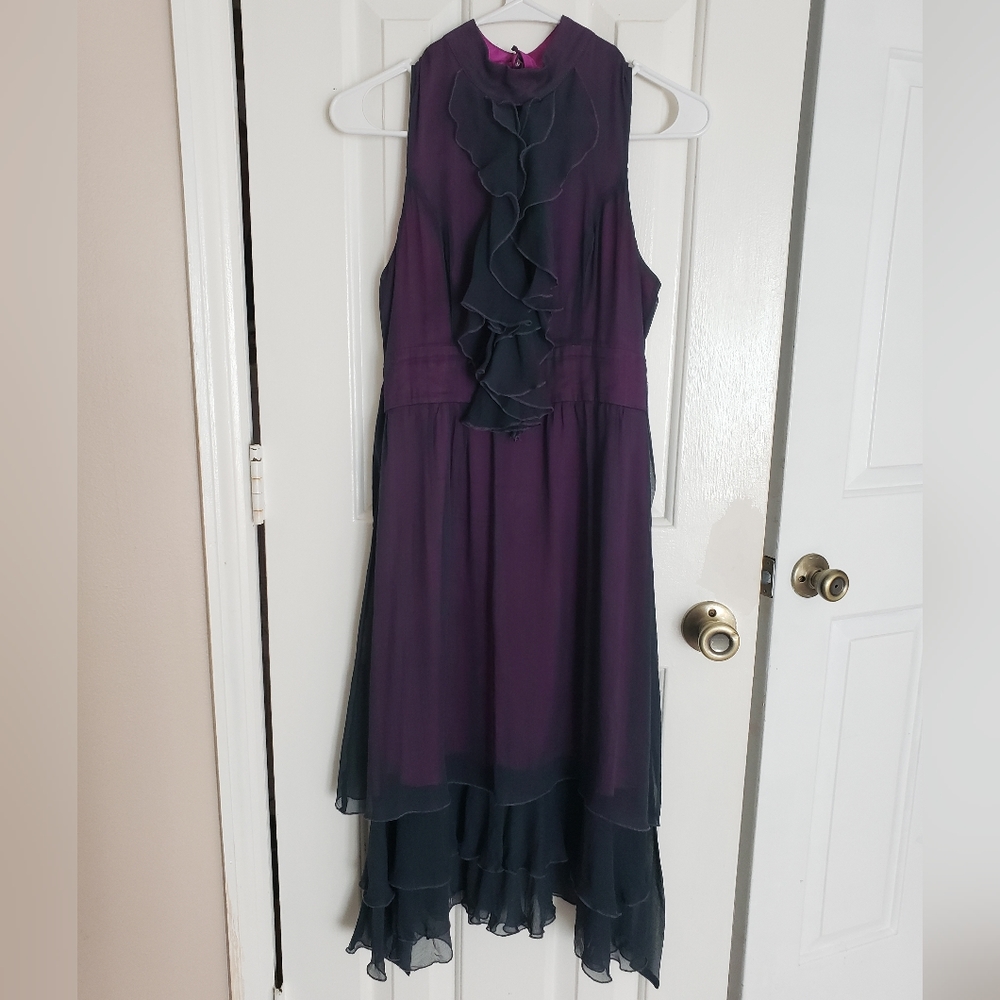💜ruffled gray shear & purple satin lined sleeveless midi dress